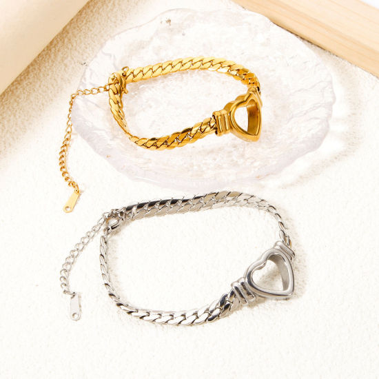 Picture of Stylish Simple 304 Stainless Steel Cuban Link Chain Heart Bracelets For Women Valentine's Day 16.5cm(6 4/8") long