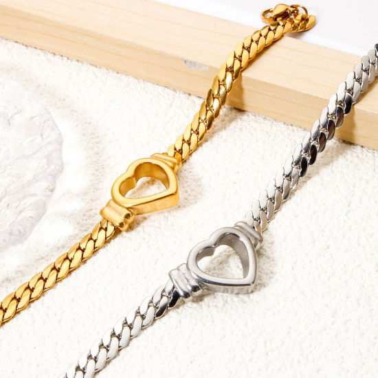 Picture of Stylish Simple 304 Stainless Steel Cuban Link Chain Heart Bracelets For Women Valentine's Day 16.5cm(6 4/8") long