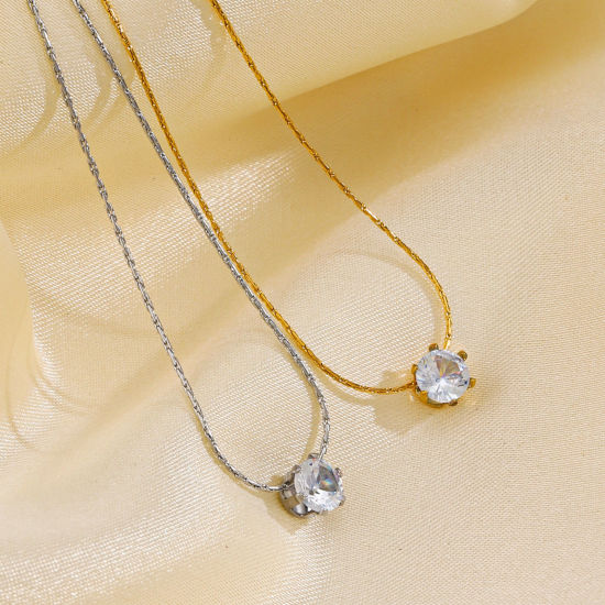 Immagine di 1 Pz Semplice & Casual Trasparente 304 Acciaio Inossidabile & Strass Catena Criminale Tondo Collana Per Donne 41.5cm Lunghezza