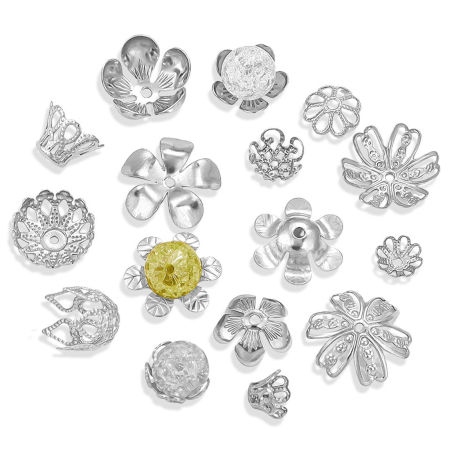 50 Unidades 304 Acero Inoxidable Tapón de cuentas Flor Tono de Plata