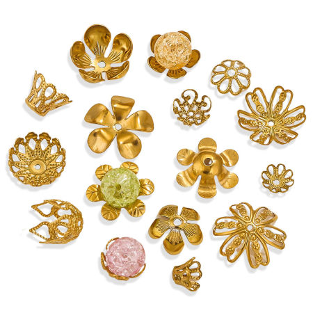 10 Unidades Enchapado al Vacío 304 Acero Inoxidable Tapón de cuentas Flor Chapado en Oro de 18K
