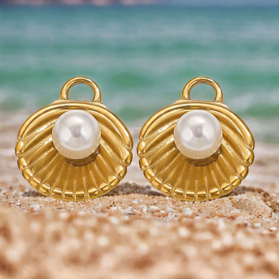 Picture of Eco-friendly PVD Vacuum Plating 304 Stainless Steel Charms 18K Gold Plated Shell Shell Imitation Pearl 18.5mm x 14mm