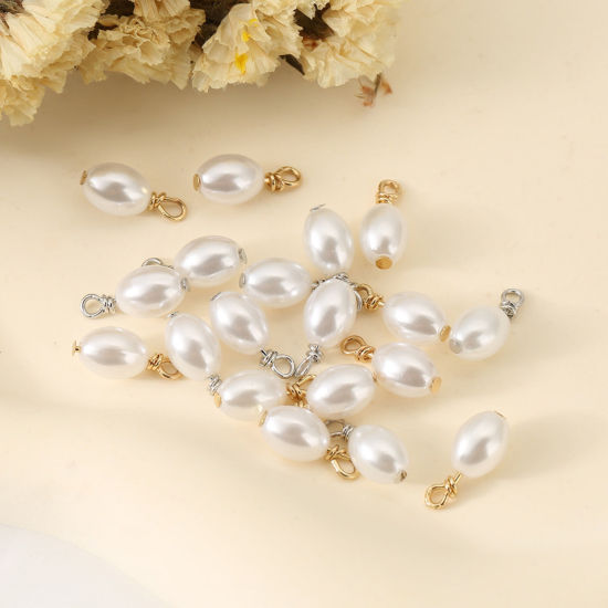 Bild von 10 PCs Brass & Acrylic Charms Barrel Imitation Pearl 8mm x 6mm