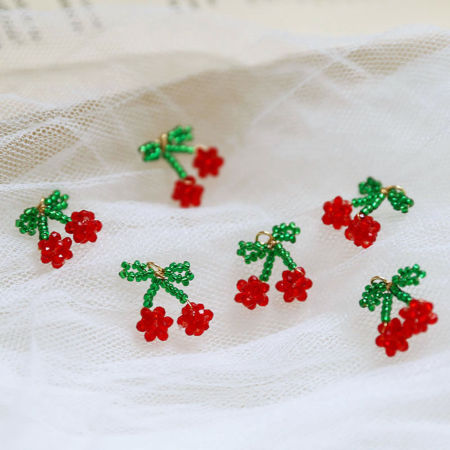 Iron Based Alloy & Glass Crochet Knitted Weaving Charms Red & Green Cherry Fruit 16mm x 15mm