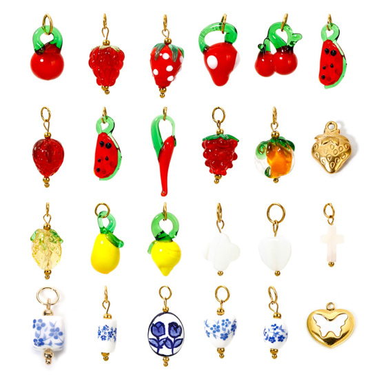 Image de 1 Pièce Breloques en 304 Acier Inoxydable & Lampwork Placage Sous Vide Écologique Collection Végétale Fraises Plaqué Or Véritable 18K Multicolore Piment 3D