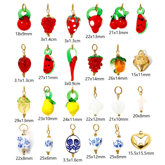 Image de 1 Pièce Breloques en 304 Acier Inoxydable & Lampwork Placage Sous Vide Écologique Collection Végétale Fraises Plaqué Or Véritable 18K Multicolore Piment 3D