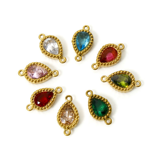 Bild von Umweltfreundliche PVD-Vakuumbeschichtung 304 Edelstahl Geometrisch Steckverbinder Charms Anhänger Tropfen 18K Vergoldet Bunt Strass 12mm x 7mm