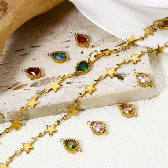 Bild von Umweltfreundliche PVD-Vakuumbeschichtung 304 Edelstahl Geometrisch Steckverbinder Charms Anhänger Tropfen 18K Vergoldet Bunt Strass 12mm x 7mm