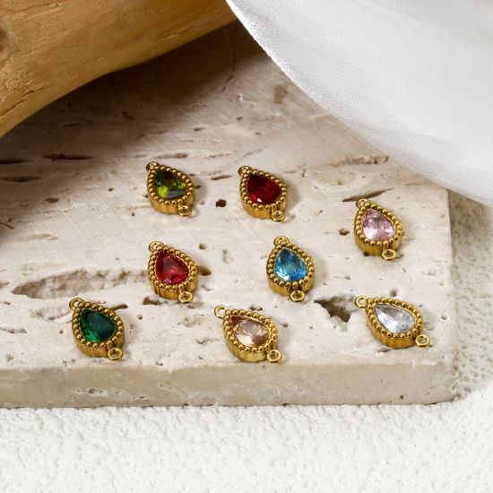 Bild von Umweltfreundliche PVD-Vakuumbeschichtung 304 Edelstahl Geometrisch Steckverbinder Charms Anhänger Tropfen 18K Vergoldet Bunt Strass 12mm x 7mm