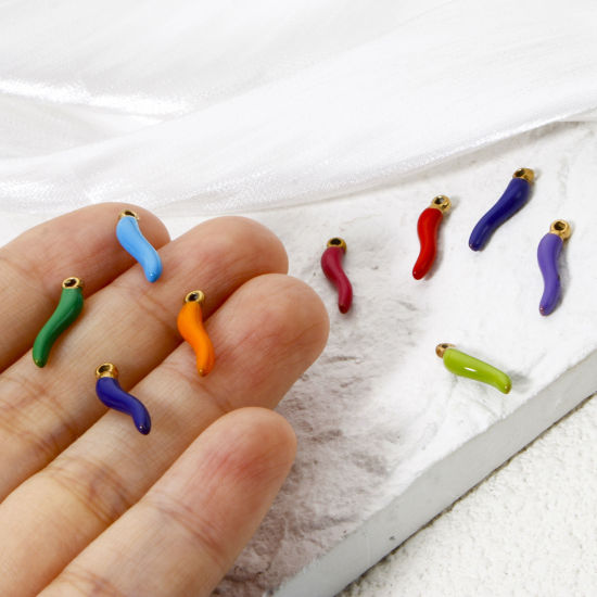 Изображение 5 ШТ Экологичное вакуумное PVD-покрытие 304 Нержавеющая Сталь 3D Подвески 18K позолоченный Корничелло Итальянский рожок перец С Эмалью 15мм x 4мм