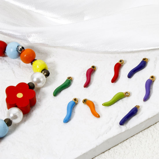 Изображение 5 ШТ Экологичное вакуумное PVD-покрытие 304 Нержавеющая Сталь 3D Подвески 18K позолоченный Корничелло Итальянский рожок перец С Эмалью 15мм x 4мм