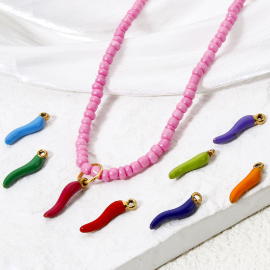 Изображение 5 ШТ Экологичное вакуумное PVD-покрытие 304 Нержавеющая Сталь 3D Подвески 18K позолоченный Корничелло Итальянский рожок перец С Эмалью 15мм x 4мм