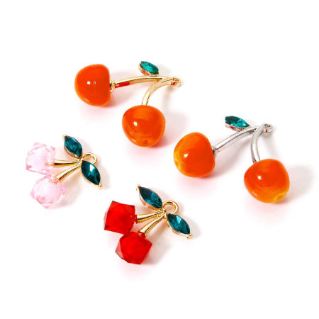 Zinc Based Alloy & Acrylic Charms Multicolor Cherry Fruit 3D Green Rhinestone