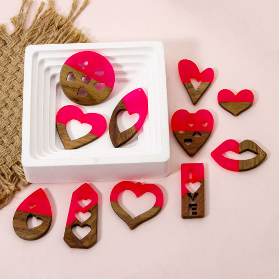 Picture of Resin & Natural Wood Valentine's Day Pendants Fuchsia