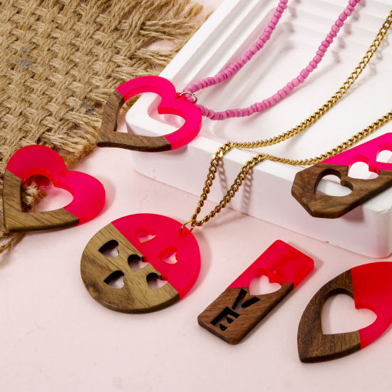 Picture of Resin & Natural Wood Valentine's Day Pendants Fuchsia