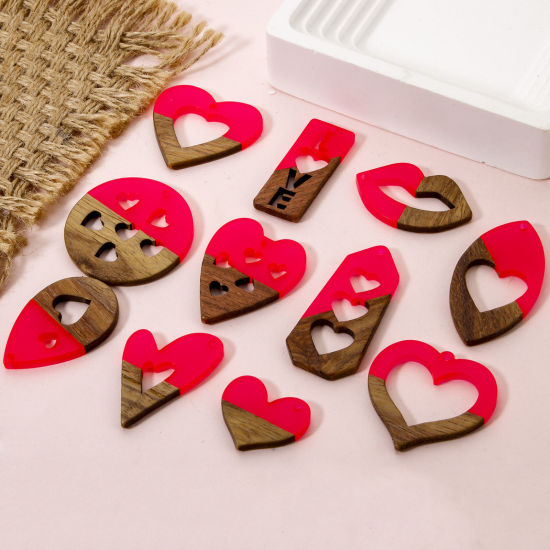 Picture of Resin & Natural Wood Valentine's Day Pendants Fuchsia