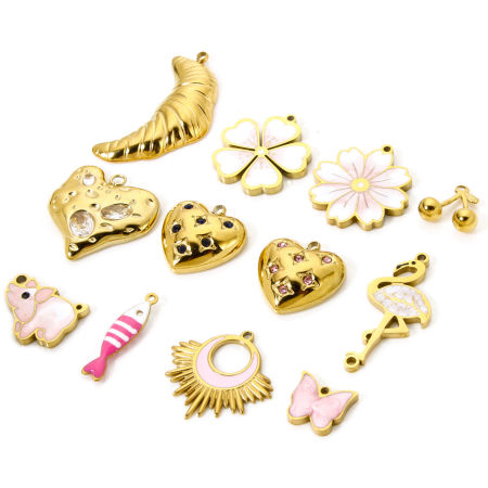 Picture of Eco-friendly PVD Vacuum Plating 304 Stainless Steel Charms 18K Real Gold Plated Bride & Groom Cherry Blossom Sakura Flower Enamel