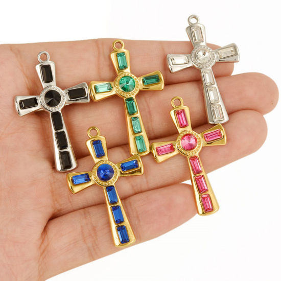 Bild von 304 Edelstahl Religiös Anhänger Kreuz Bunt Strass 37mm x 23mm