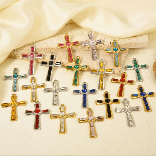 Bild von 304 Edelstahl Religiös Anhänger Kreuz Bunt Strass 37mm x 23mm