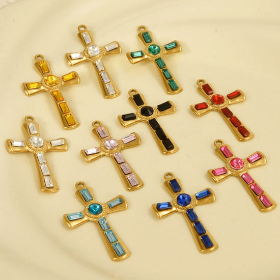 Bild von 304 Edelstahl Religiös Anhänger Kreuz Bunt Strass 37mm x 23mm