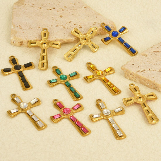 Bild von 304 Edelstahl Religiös Anhänger Kreuz Bunt Strass 37mm x 23mm