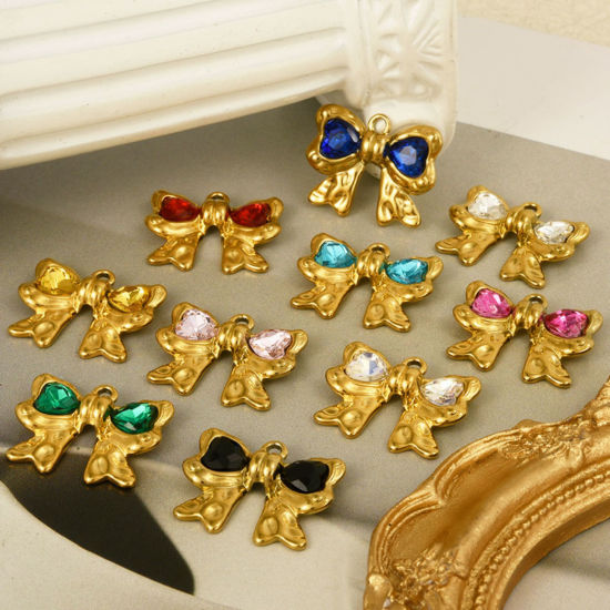 Immagine di 2 Pz 304 Acciaio Inossidabile Abiti Ciondoli Cravatta a Farfalla Multicolore Strass 18mm x 22mm