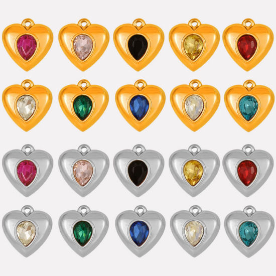Picture of 304 Stainless Steel Valentine's Day Charms Heart Multicolor Rhinestone 17mm x 16mm