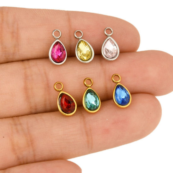 Picture of 304 Stainless Steel Charms Drop Multicolor Rhinestone 10mm x 5mm