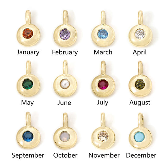 Picture of Brass Birthstone Charms 18K Gold Plated Round Multicolour Cubic Zirconia 8.5mm x 5.5mm