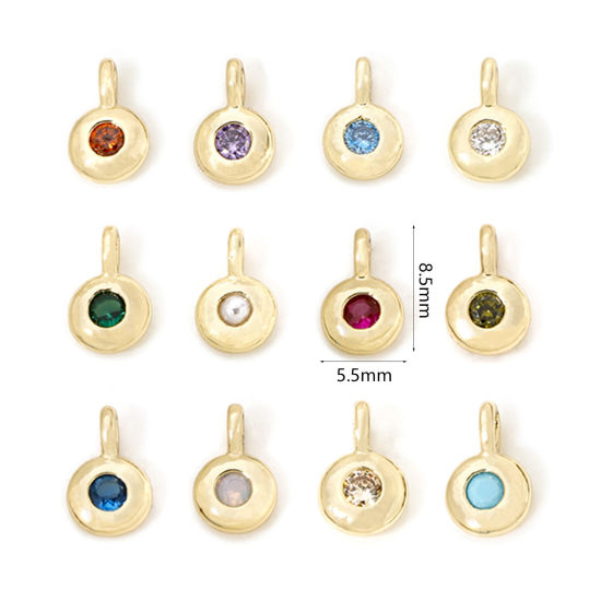 Picture of Brass Birthstone Charms 18K Gold Plated Round Multicolour Cubic Zirconia 8.5mm x 5.5mm