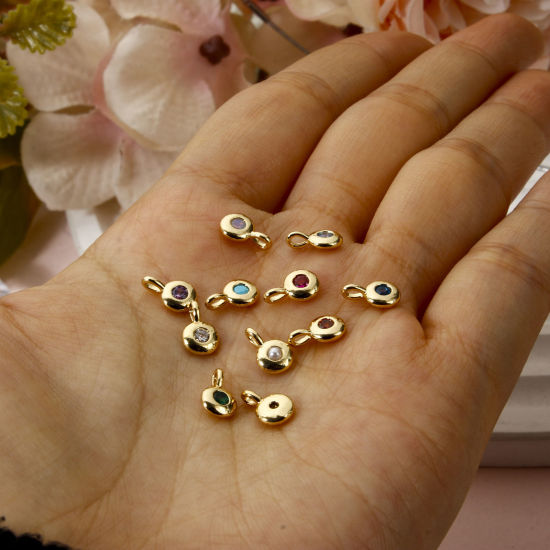 Picture of Brass Birthstone Charms 18K Gold Plated Round Multicolour Cubic Zirconia 8.5mm x 5.5mm