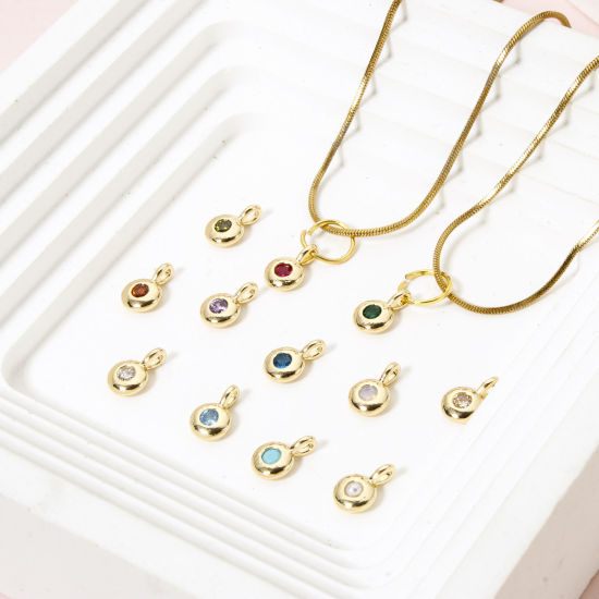 Picture of Brass Birthstone Charms 18K Gold Plated Round Multicolour Cubic Zirconia 8.5mm x 5.5mm