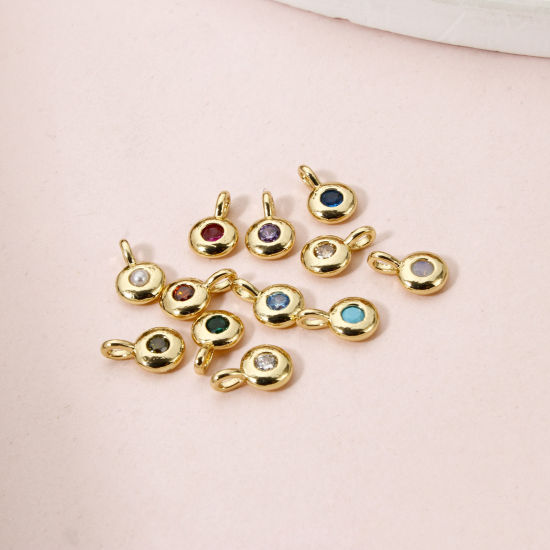 Picture of Brass Birthstone Charms 18K Gold Plated Round Multicolour Cubic Zirconia 8.5mm x 5.5mm