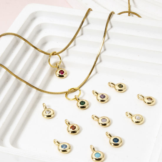 Picture of Brass Birthstone Charms 18K Gold Plated Round Multicolour Cubic Zirconia 8.5mm x 5.5mm