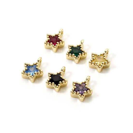 Picture of Brass Galaxy Charms 18K Gold Plated Pentagram Star Multicolour Cubic Zirconia 8mm x 6mm