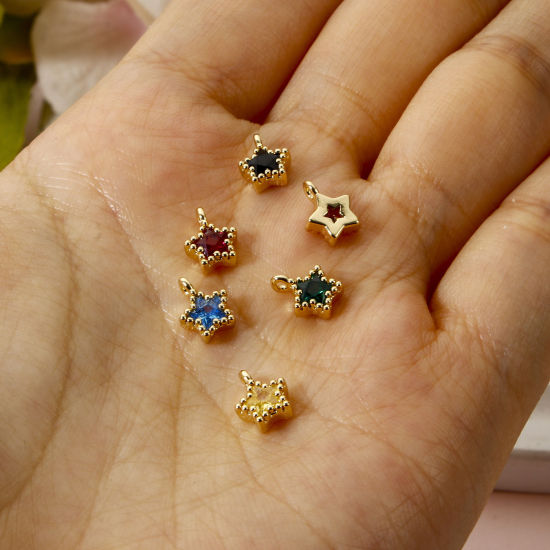 Picture of Brass Galaxy Charms 18K Gold Plated Pentagram Star Multicolour Cubic Zirconia 8mm x 6mm