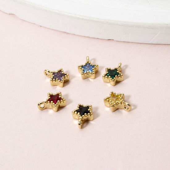 Picture of Brass Galaxy Charms 18K Gold Plated Pentagram Star Multicolour Cubic Zirconia 8mm x 6mm