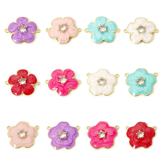 Bild von Umweltfreundlich Messing Steckverbinder Charms Anhänger 18K Echtgold plattiert Bunt Perlmuttartig Blumen Emaille Klar Kubischer Zirkon