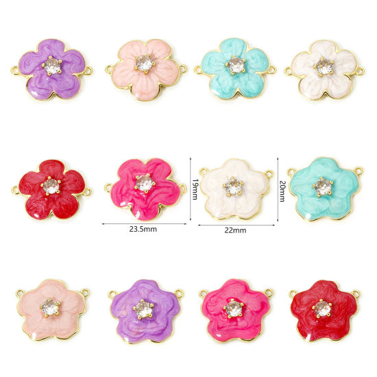 Bild von Umweltfreundlich Messing Steckverbinder Charms Anhänger 18K Echtgold plattiert Bunt Perlmuttartig Blumen Emaille Klar Kubischer Zirkon