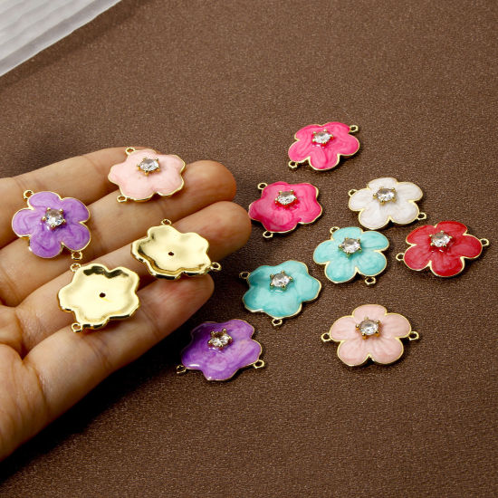 Bild von Umweltfreundlich Messing Steckverbinder Charms Anhänger 18K Echtgold plattiert Bunt Perlmuttartig Blumen Emaille Klar Kubischer Zirkon
