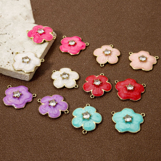 Bild von Umweltfreundlich Messing Steckverbinder Charms Anhänger 18K Echtgold plattiert Bunt Perlmuttartig Blumen Emaille Klar Kubischer Zirkon