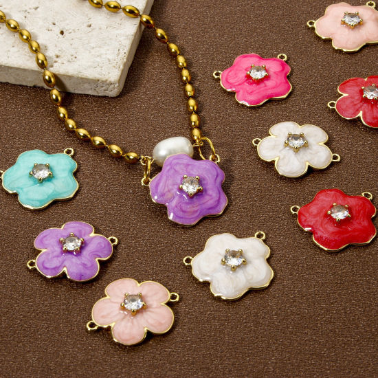 Bild von Umweltfreundlich Messing Steckverbinder Charms Anhänger 18K Echtgold plattiert Bunt Perlmuttartig Blumen Emaille Klar Kubischer Zirkon