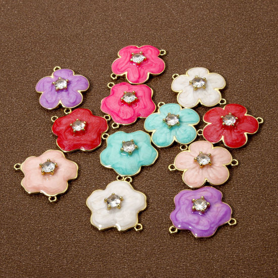 Bild von Umweltfreundlich Messing Steckverbinder Charms Anhänger 18K Echtgold plattiert Bunt Perlmuttartig Blumen Emaille Klar Kubischer Zirkon