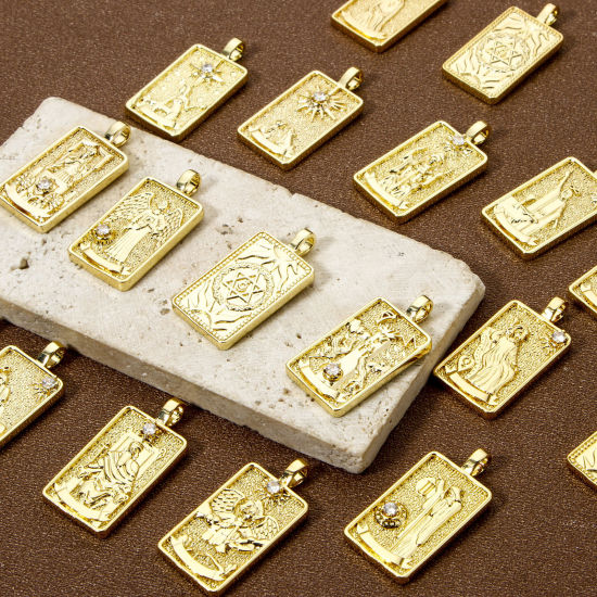 Изображение 1 ШТ Экологичный Латунь Таро Подвески 18K настоящее золото с покрытием Прямоугольник Двухсторонний Прозрачный Искусственный Циркон 3см x 1.5см
