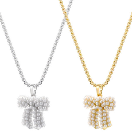 Eco-friendly Retro Stylish Multicolor Brass Box Chain Bowknot Imitation Pearl Pendant Charm Necklace For Women 45cm(17.7") long