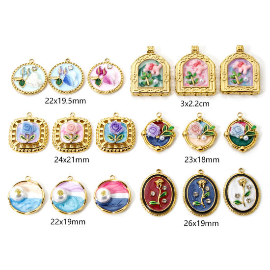 Picture of Eco-friendly PVD Vacuum Plating 304 Stainless Steel Oil Painting Style Charms 18K Real Gold Plated Round Disc Flower Enamel