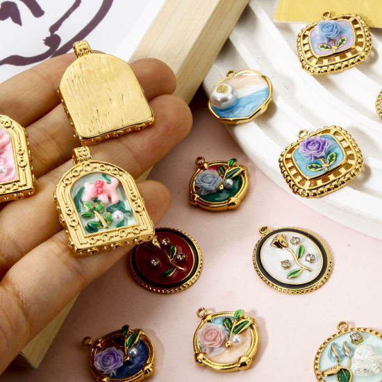 Picture of Eco-friendly PVD Vacuum Plating 304 Stainless Steel Oil Painting Style Charms 18K Real Gold Plated Round Disc Flower Enamel