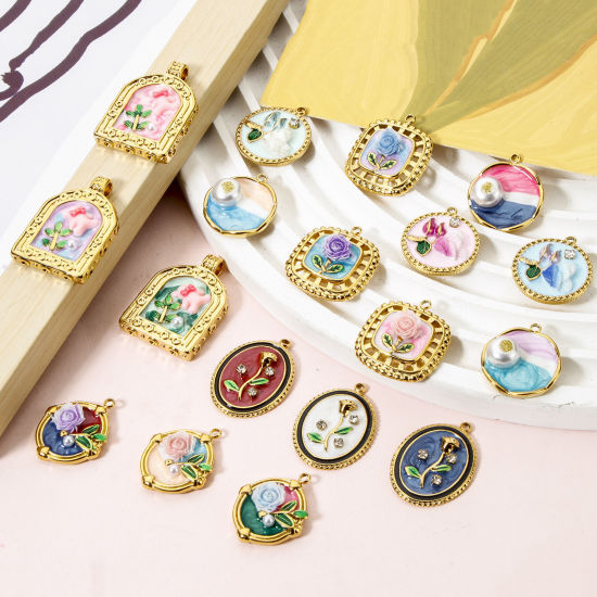 Picture of Eco-friendly PVD Vacuum Plating 304 Stainless Steel Oil Painting Style Charms 18K Real Gold Plated Round Disc Flower Enamel