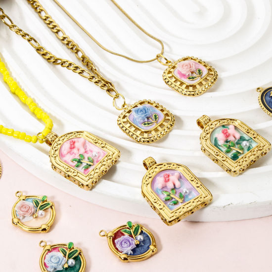 Picture of Eco-friendly PVD Vacuum Plating 304 Stainless Steel Oil Painting Style Charms 18K Real Gold Plated Round Disc Flower Enamel