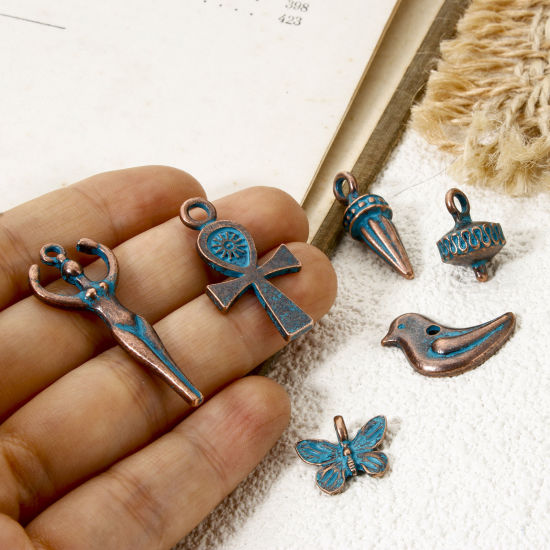 Bild von Zinklegierung Patina Anhänger Rotkupferfarbe Blau Ankh ägyptisches Kreuz Vogel